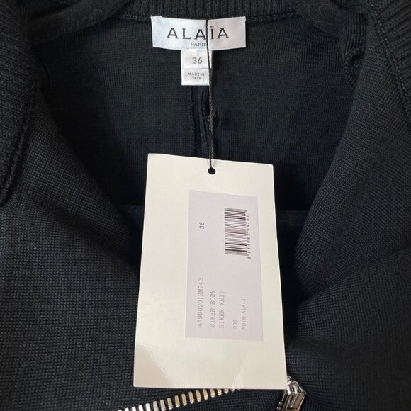 NWT ALAIA Wool Blend Knit Asymmetric Zip Biker Bodysuit Noir Black 36 (US 4) - Picture 4 of 12
